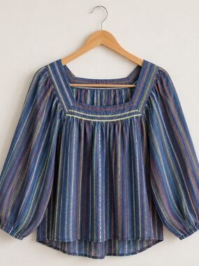 Boho Striped Peasant Blouse Blue Square Neck Puff Sleeve Top Woman's